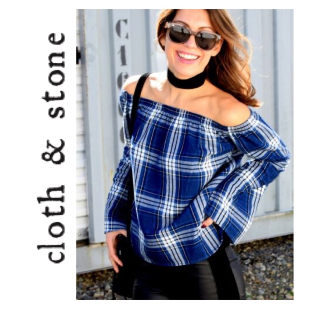 Cloth & Stone | Off Shoulder top | blue plaid